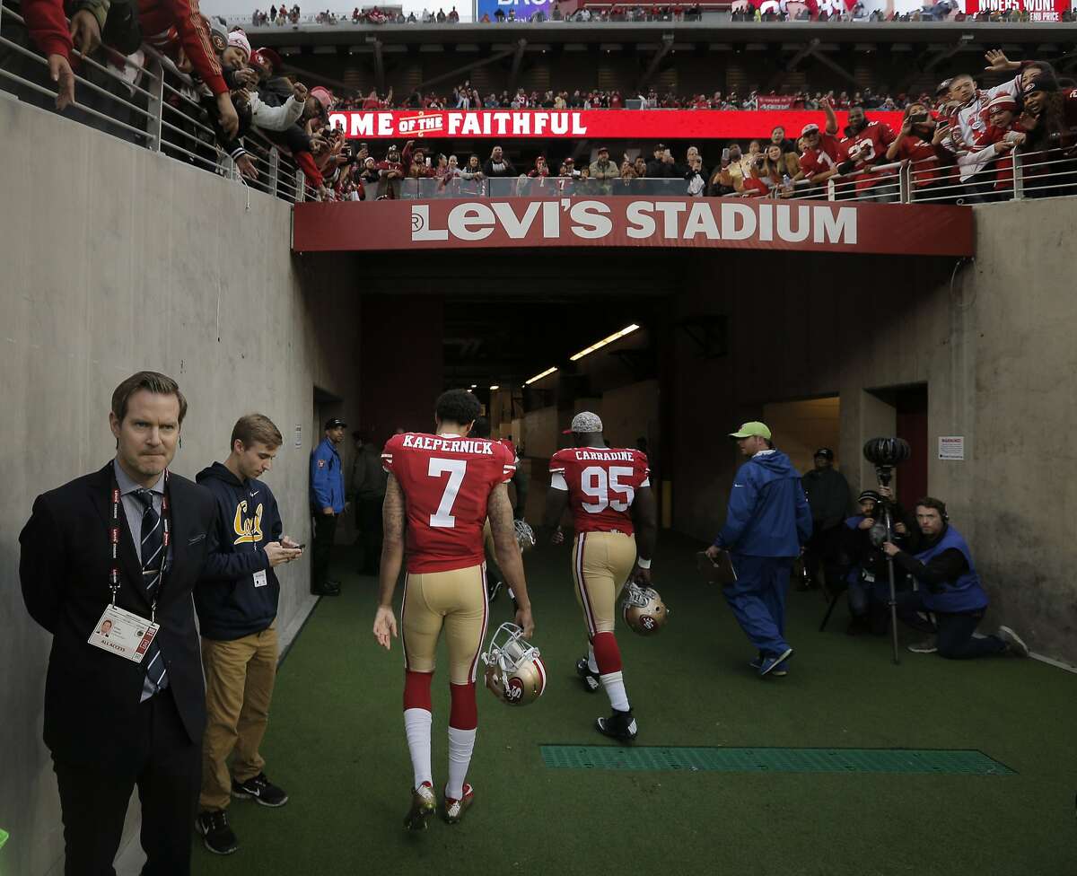 Colin Kaepernick (7) walks off the field toward the locker room as the San Francisco 49ers played the Atlanta Falcons at Levi's Stadium in Santa Clara, Calif., on Sunday, November 8, 2015.