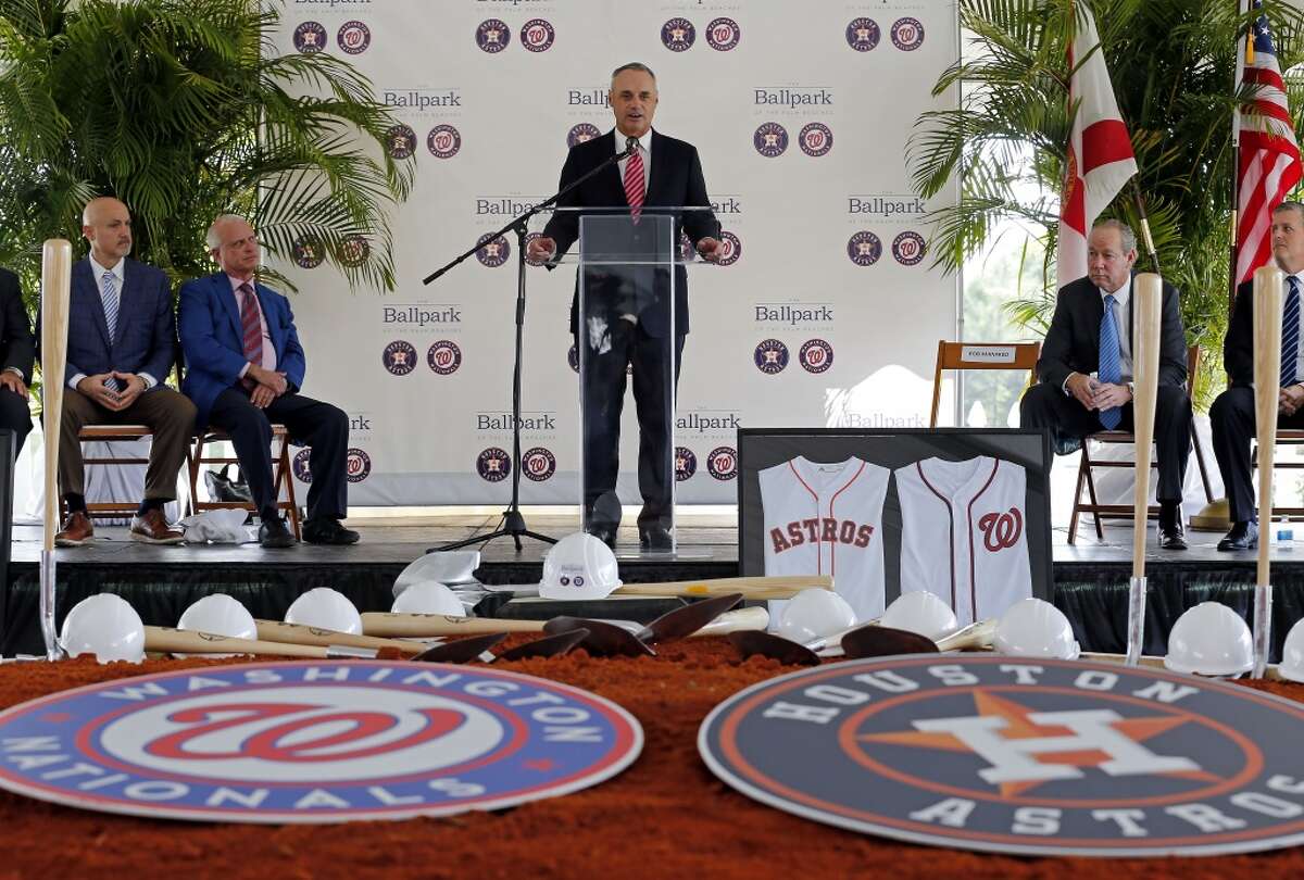 Major League Baseball commissioner Rob Manfred speak during the groundbreaking ceremony for the future home of the Houston Astros and the Washington Nationals spring training facility on Monday, Nov. 9, 2015, in West Palm Beach, Fla. (AP Photo/Steve Mitchell)