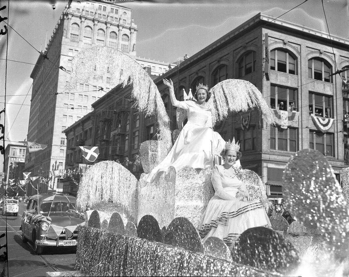 Portola Festival Parade Portola Festival Queen Ann Bucher is waving to the crowds, seated is Queen for a Day radio program winner Mrs. Dorothy Young Photos taken by Chronicle staff photographers Clem Albers, Ken McLaughlin Barney Peterson and Joe Rosenthal Photo ran 10/18/1948, p. 16