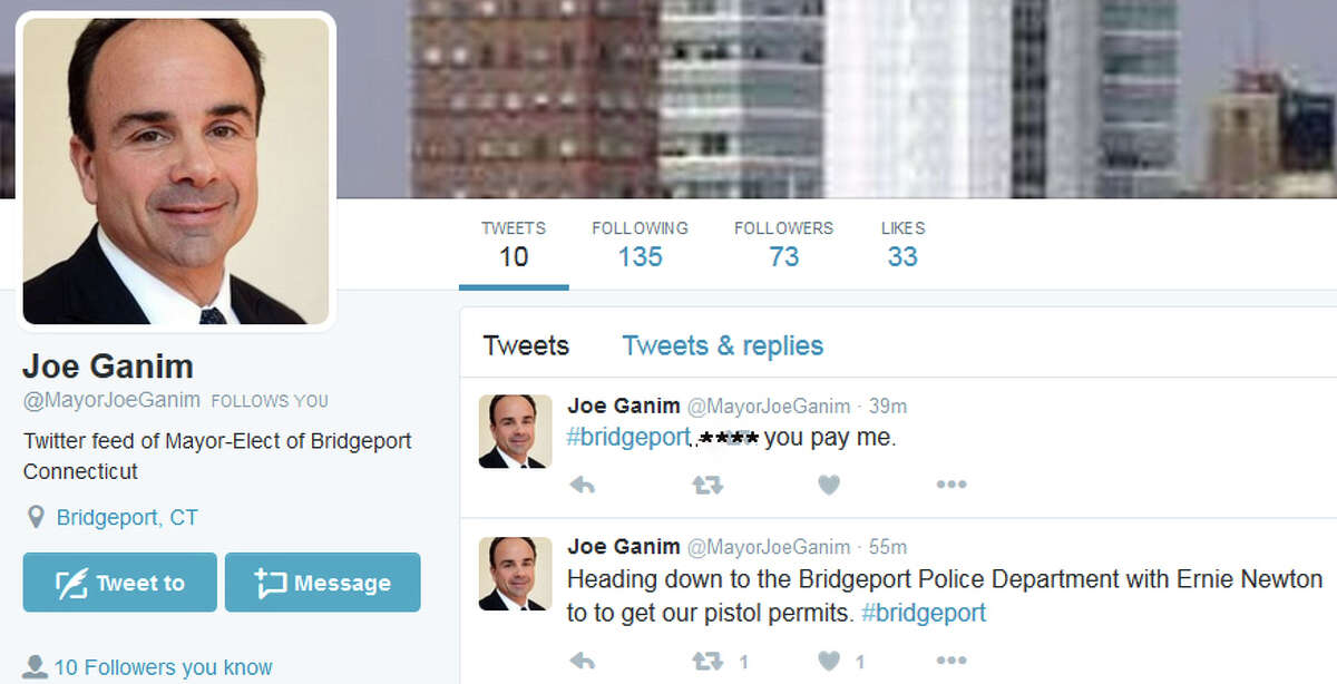 These apparently fake "tweets" from a Twitter account supposedly set up for Mayor-elect Joseph Ganim appeared online Tuesday and were quickly taken down.