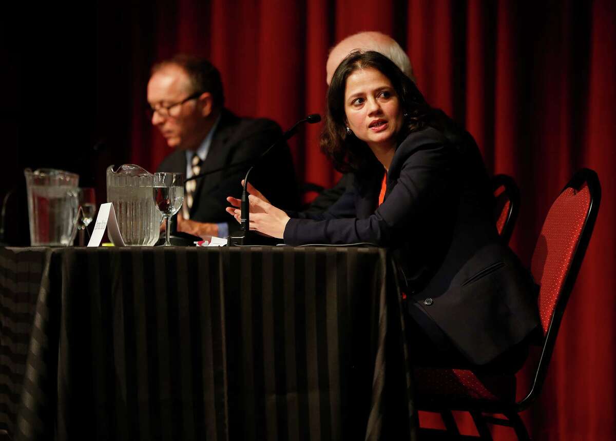 Aparna Mathur, resident scholar in economic policy studies at the American Enterprise Institute, speaks during the panel discussion at the University of Houston energy symposium, "Carbon tax: Is it the right time?" on Tuesday, Nov. 10, 2015. ( Karen Warren / Houston Chronicle )