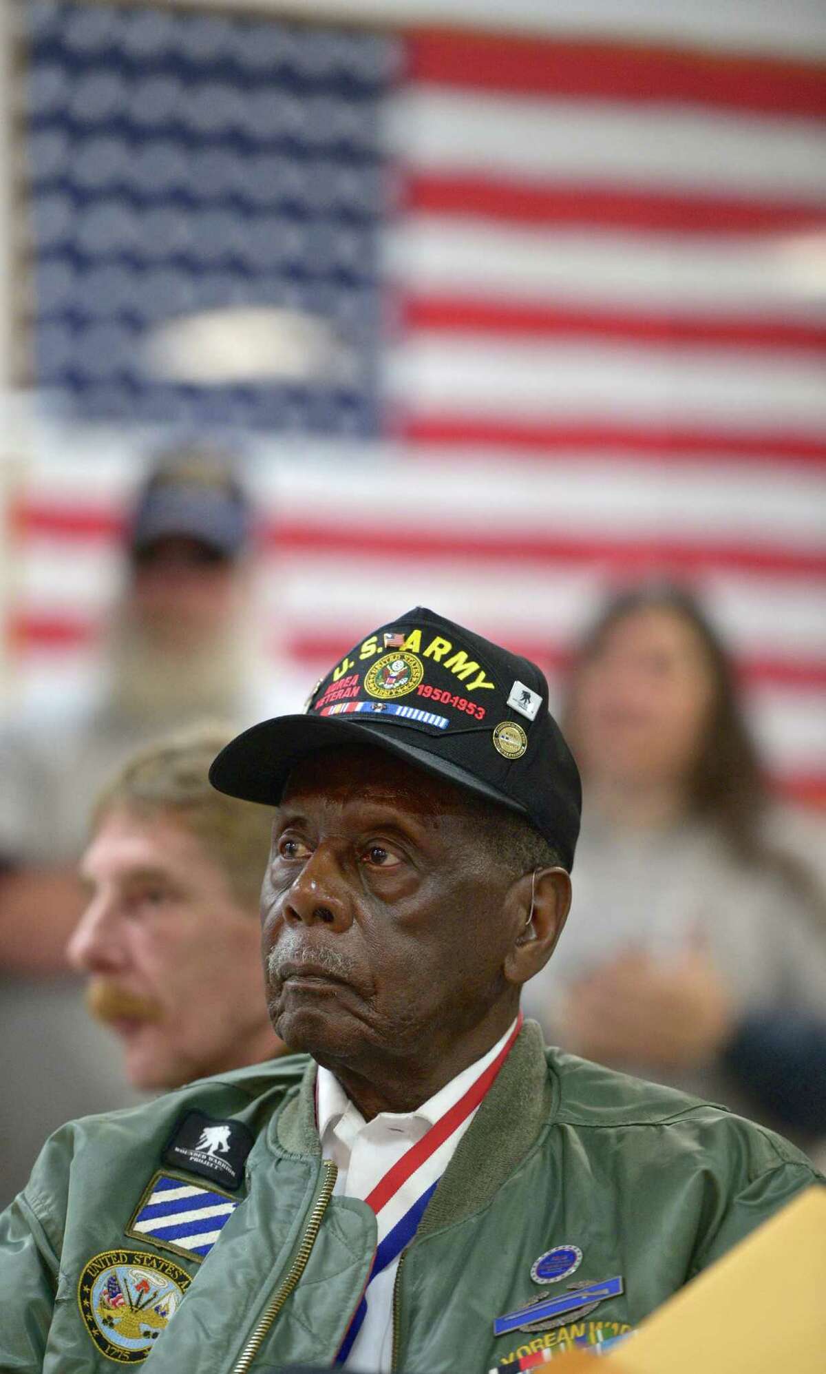 Herman Iczard, of New Milford, listens to a speech during the New Milford Veterans Day Memorial Service held at VFW Post 167211, on Avery Road, in New Milford Wednesday. Iczard served in the Army during the Korean War.