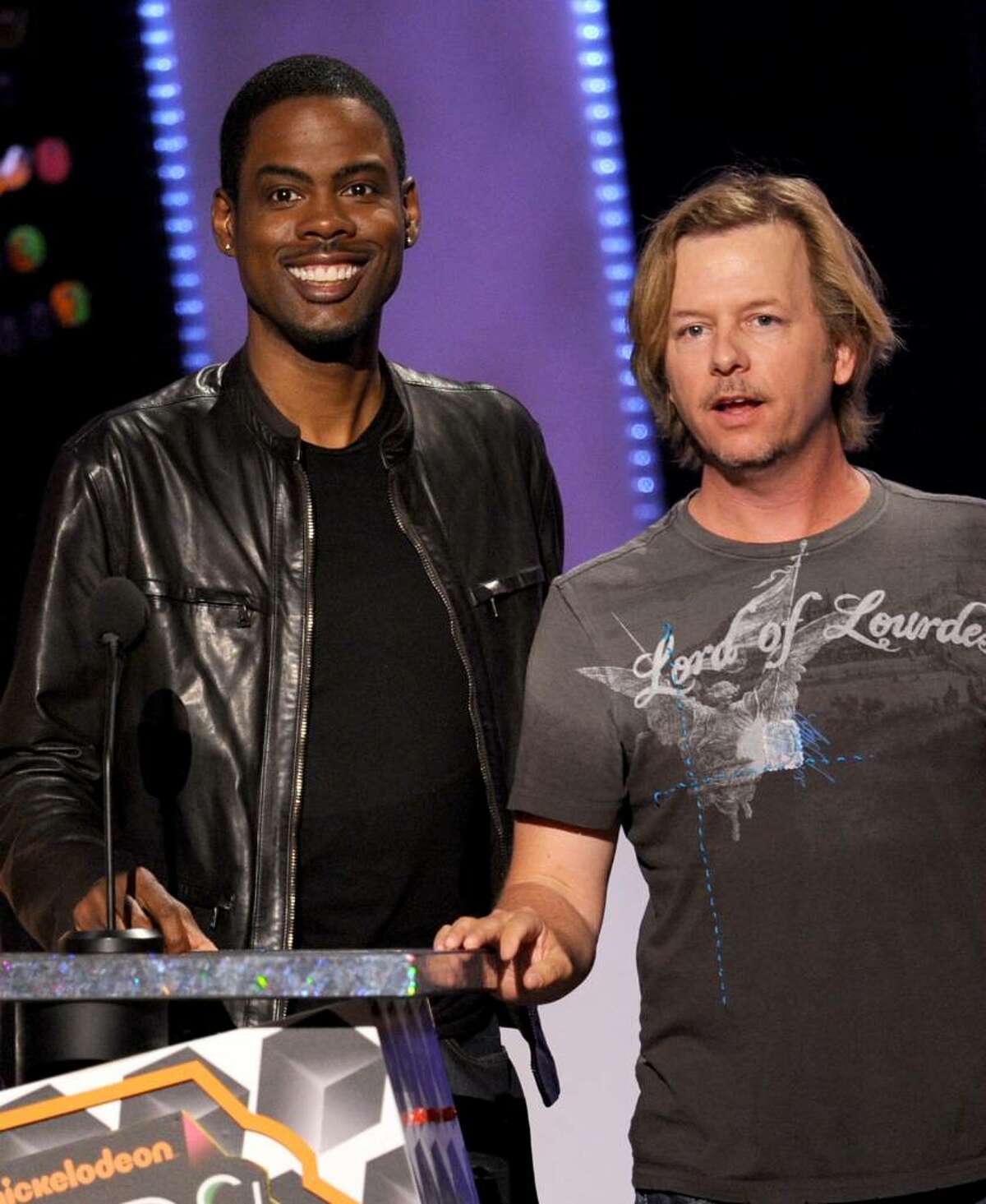 LOS ANGELES, CA - MARCH 27: Actor/comedians Chris Rock (L) and David Spade speak onstage at Nickelodeon's 23rd Annual Kids' Choice Awards held at UCLA's Pauley Pavilion on March 27, 2010 in Los Angeles, California. (Photo by Kevin Winter/Getty Images for KCA) *** Local Caption *** Chris Rock;David Spade