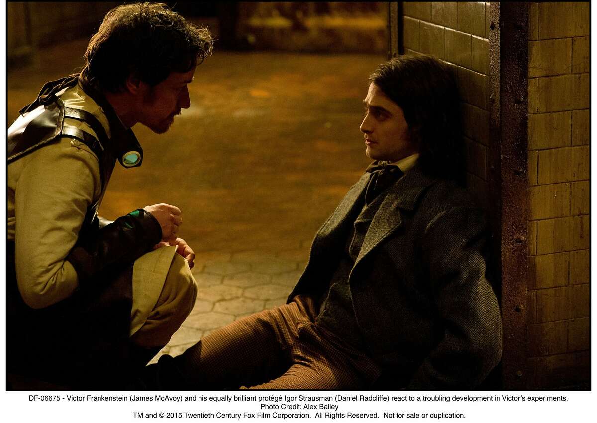Dr. Frankenstein (James McAvoy), left, and his assistant, Igor (Daniel Radcliffe) deal with some monstrous issues in “Victor Frankenstein.”