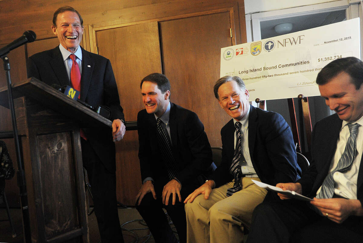 From left; U.S. Sen. Richard Blumenthal cracks a joke that has U.S. Rep. Jim Himes, Audubon CT Executive Director Stuart Hudson and U.S. Sen. Chris Murphy laughing during the announcement of the Long Island Sound Futures Fund's 2015 grant awards at Stratford Point in Stratford on Nov. 12.
