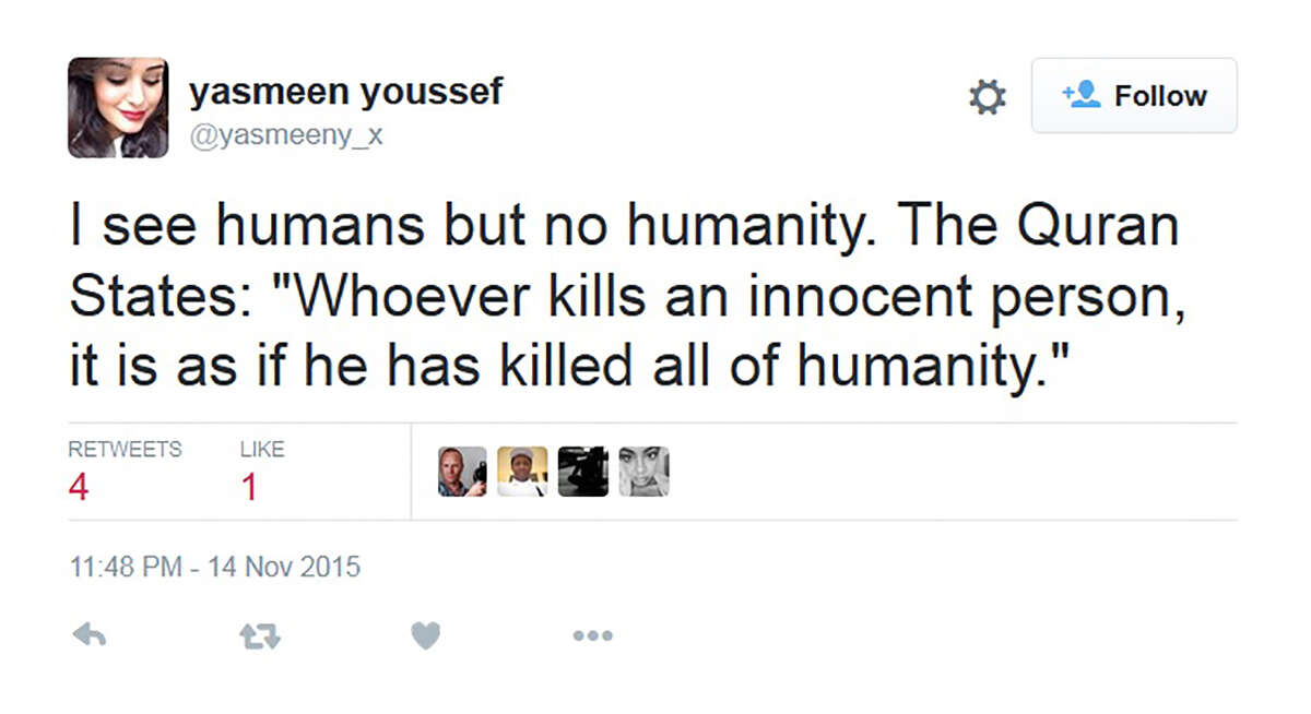 "I see humans but no humanity. The Quran States: "Whoever kills an innocent person, it is as if he has killed all of humanity.""