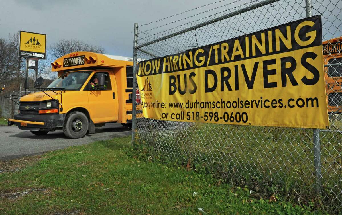 A Durham School Services bus is seen leaving the parking lot at the Durham School Services headquarters on South Pearl St. on Friday, Nov. 13, 2015 in Albany, N.Y. (Lori Van Buren / Times Union)