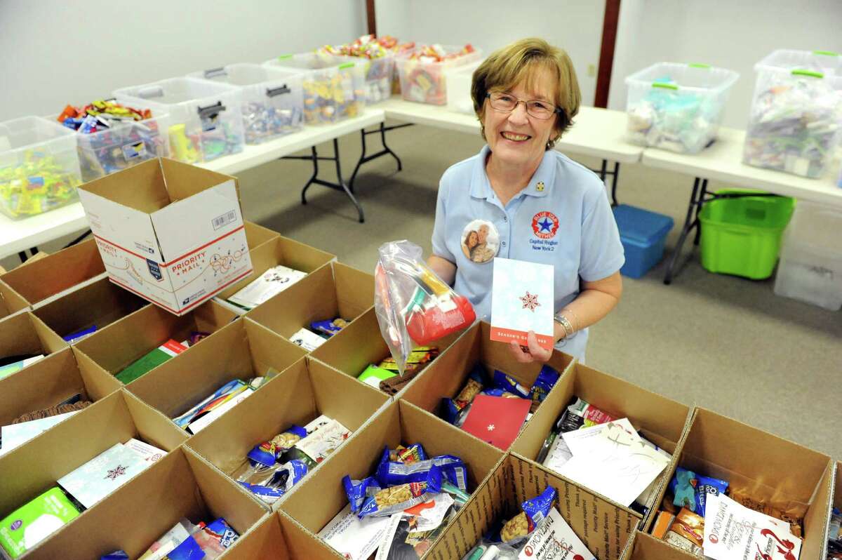 Karen Curtis of the Capital Region Blue Star Mothers oversees the Holiday Military Support Drive on Saturday, Nov. 7, 2015, at Colonie Center in Colonie, N.Y. The freedom boxes are shipped to troops overseas. (Cindy Schultz / Times Union)