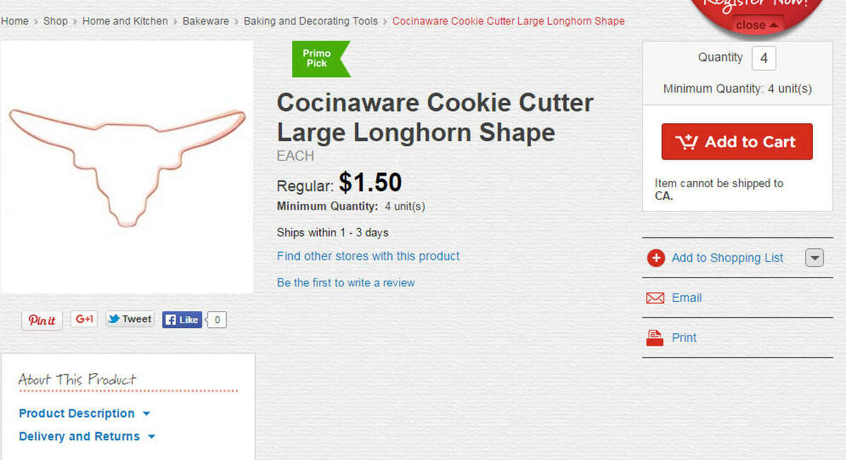 Cocinaware Cookie Cutter Large Longhorn Shape  Hook'em, cookies.   Source