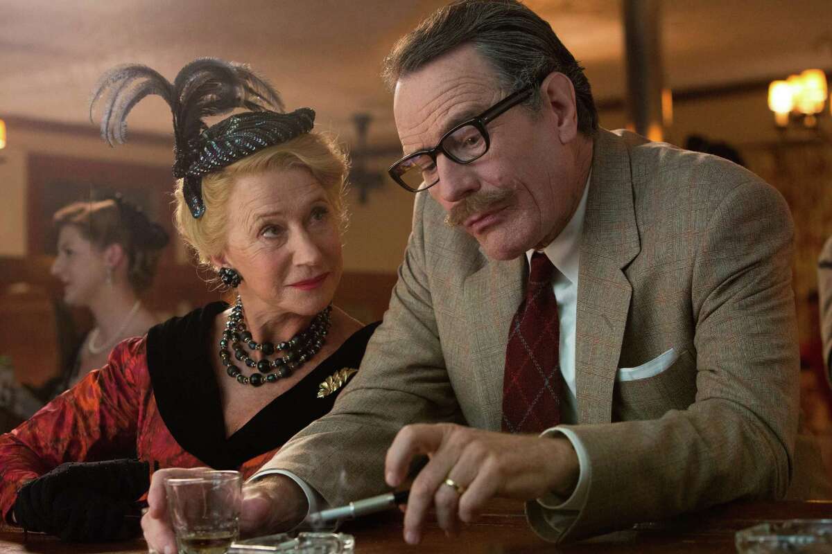 This photo provided by Bleecker Street shows, Helen Mirren, left, as Hedda Hopper and Bryan Cranston as Dalton Trumbo, in Jay Roach?’s "Trumbo," a Bleecker Street release. The movie opens in U.S. theaters on Friday, Nov. 6, 2015. (Hilary Bronwyn Gayle/Bleecker Street via AP)