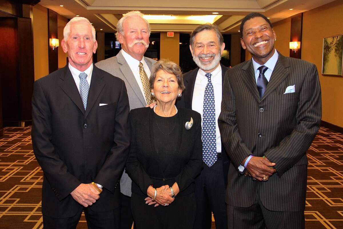 The Greenwich Old Timers Athletic Association’s 2015 local and national honorees gather at the Old Timers’ sports awards dinner Nov. 13 at the Hyatt Regency in Old Greenwich. Left to right: Tim Ostrye, Sparky Lyle, Sue Baker, Ralph Mayo and Wesley Walker.