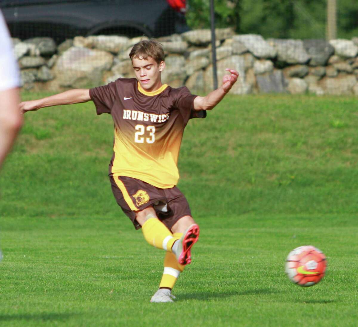 Brunswick Will Sands scores from the outside against Loomis Caffee during a varsity soccer match at Brunswick Academy in Greenwich, Conn. on Sept. 21, 2015. Brunswick defeated Loomis Chaffee 4-1.