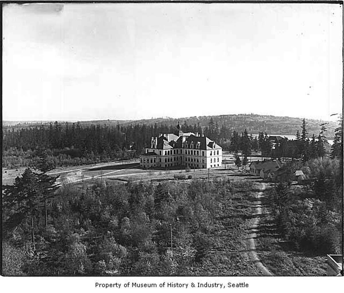 Denny Hall was the all-in-one building at UW's campus when it was built in 1895. Shown here in 1905, the building housed science labs, a library, a natural history museum, offices, 10 classrooms, a music room, a lecture hall and a 736-seat assembly hall. Photo courtesy MOHAI, PEMCO Webster and Stevens Collection, image number 1983.10.6985.1.