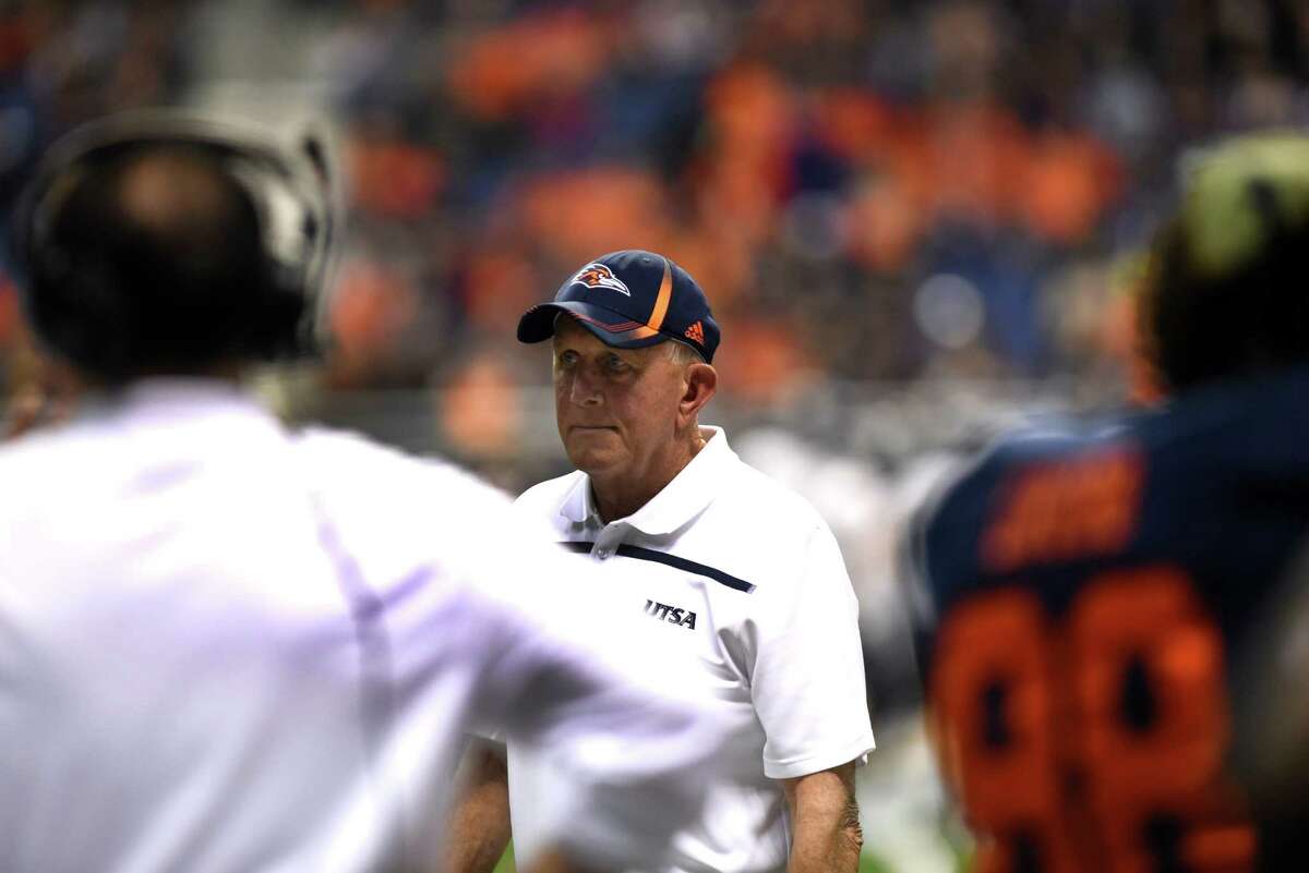 UTSA football coach Larry Coker walks the sidelines as the clock winds down on his team’s 34-24 victory over Rice in the Alamodome on Nov. 21, 2015