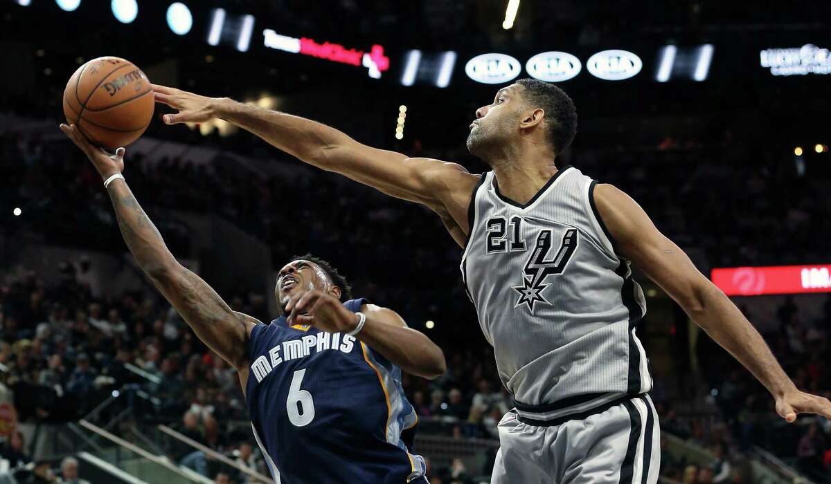 Spurs forward Tim Duncan, blocking the shot of Memphis guard Mario Chalmers during the second half of a victory at the AT&T Center on Nov. 21, might earn some All-Star bonus points just for nostalgia’s sake.