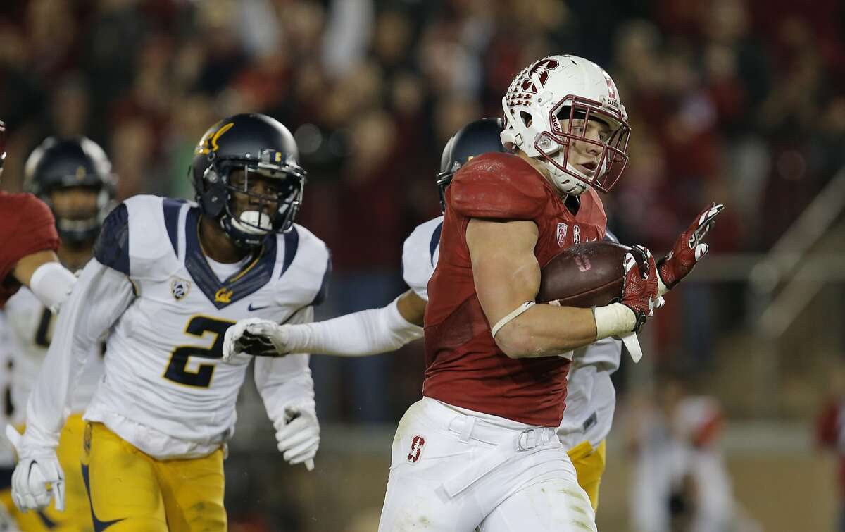 Stanford's Christian McCaffrey, 5 heads to the end zone on a fifty yard pass and run in the second quarter, as Stanford takes on California in the 118th Big Game at Stanford Stadium, on Sat. November 21, 2015, in Stanford, Calif.