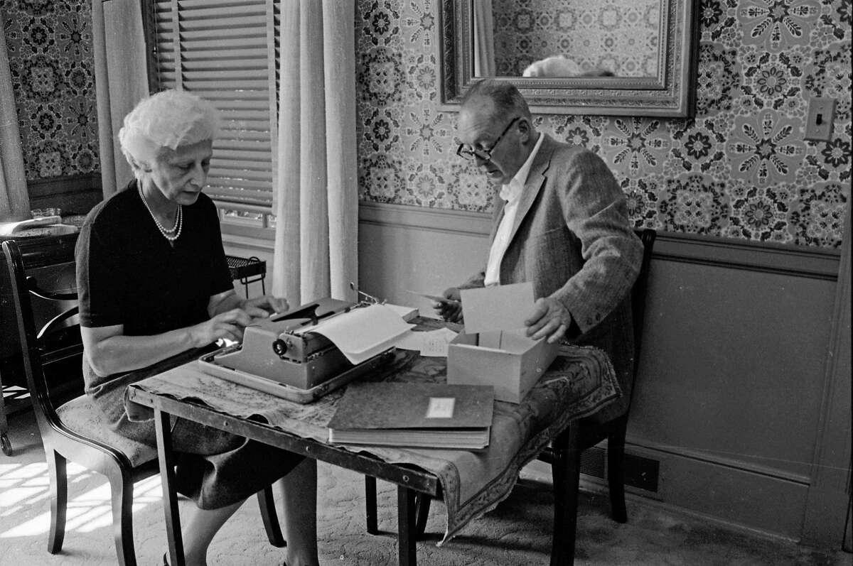 Vladimir Nabokov dictates from notecards while his wife, Véra, types in Ithaca, N.Y. in 1958.