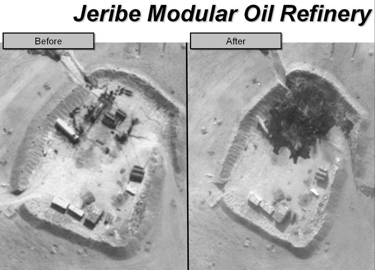 State Department photos show a small Islamic State-controlled refinery in eastern Syria before and after a bombing raid by U.S., Saudi and United Arab Emirates aircraft. The militant group's adversaries now have begun trying to disrupt its oil sales by targeting tanker convoys.