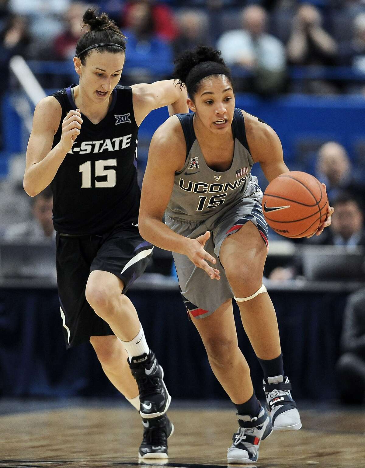 UConn vs. Kansas State - Nov. 23, 2015 W: 97-57 Led team in points: Breanna Stewart (25) Led team in rebounds: Gabby Williams (12)