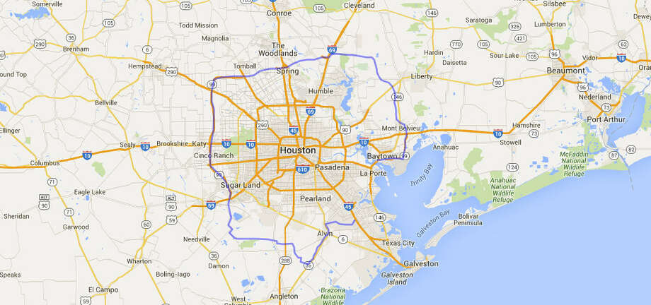 The next segments of the Grand Parkway are about to begin and it's pretty freakin' big. These maps with the project set on top of other cities show just how big. Photo: MapFrappe/Google Maps