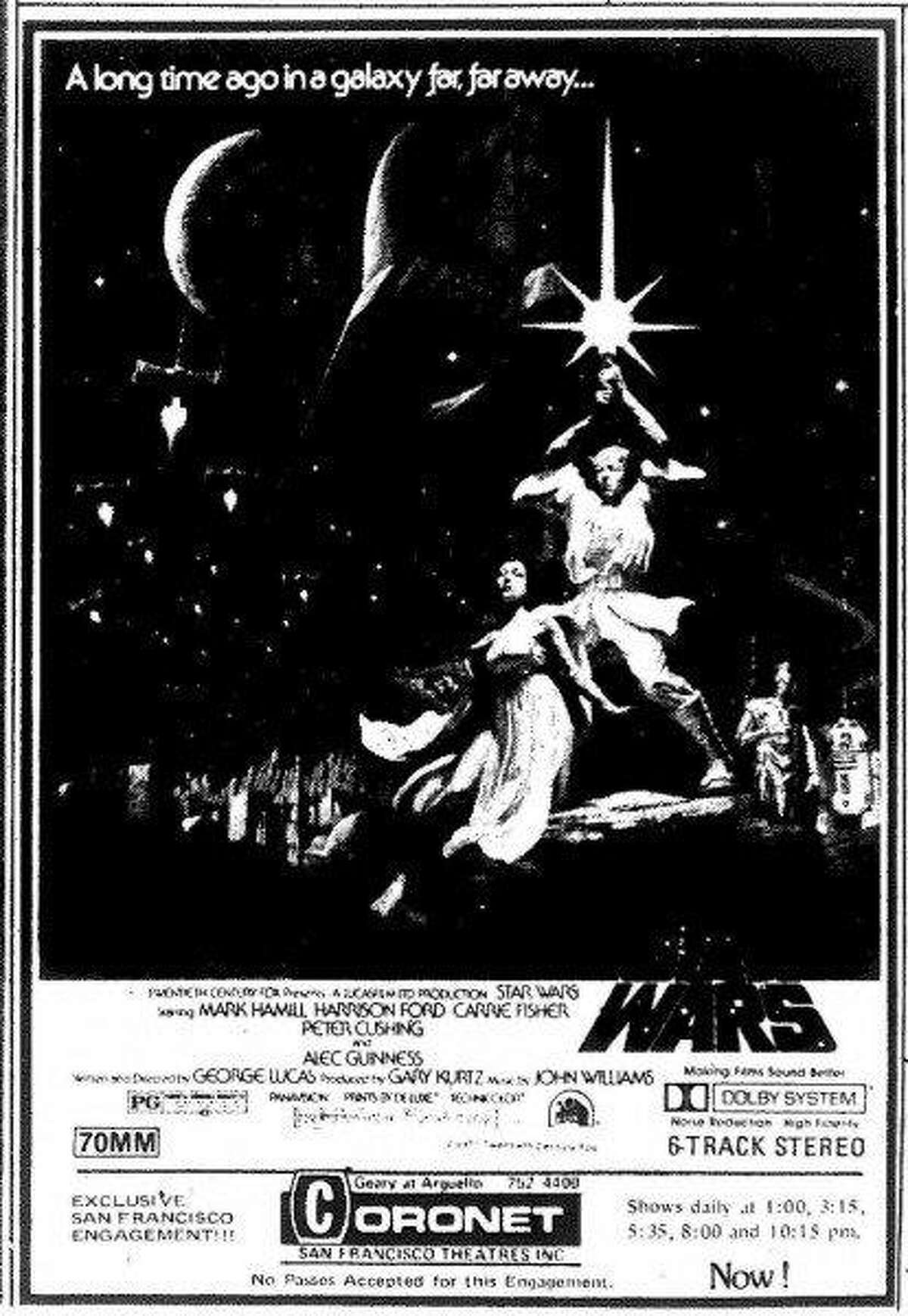 A Chronicle ad featuring the movie poster for "Star Wars" when it opened at the Coronet Theatre in San Francisco in 1977.