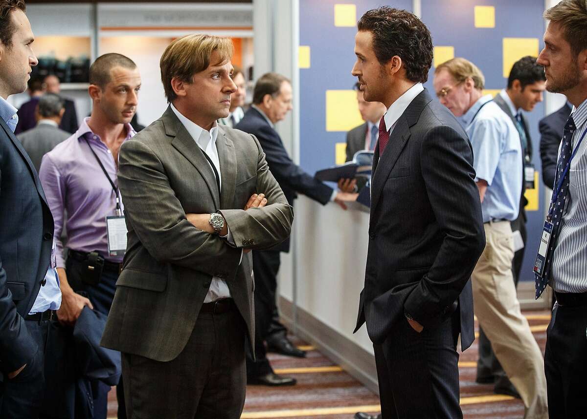 Mark Baum (Steve Carell, left) and Jared Vennett (Ryan Gosling, right) are characters based on real people who really saw the financial collapse coming ... and made millions on it. "The Big Short" opens Dec. 23. Photo by Jaap Buitendijk, courtesy of Paramount Pictures.