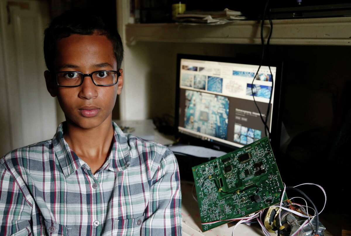 Irving MacArthur High School student Ahmed Mohamed, 14, poses for a photo at his home in Irving, Texas on Sept. 15, 2015. Mohamed was arrested and interrogated by Irving Police officers after bringing a homemade clock to school. (Vernon Bryant/The Dallas Morning News via AP)
