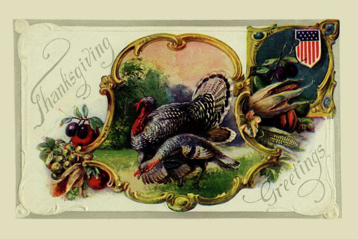 All the makings of a Thanksgiving dinner on this card, but it's not quite ready yet. (circa 1900)