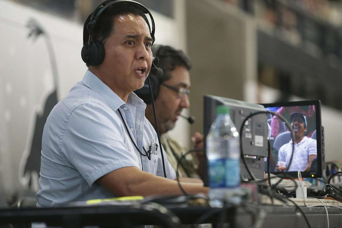 Radio broadcaster Paul Castro goes on the air from his perch above the arena as the Spurs host the Phoenix Suns at the AT&T Center on October 20, 2015. Castro will do play-by-play on Spurs' Spanish-language TV broadcasts this season, the team announced Friday, Nov. 18, 2022.