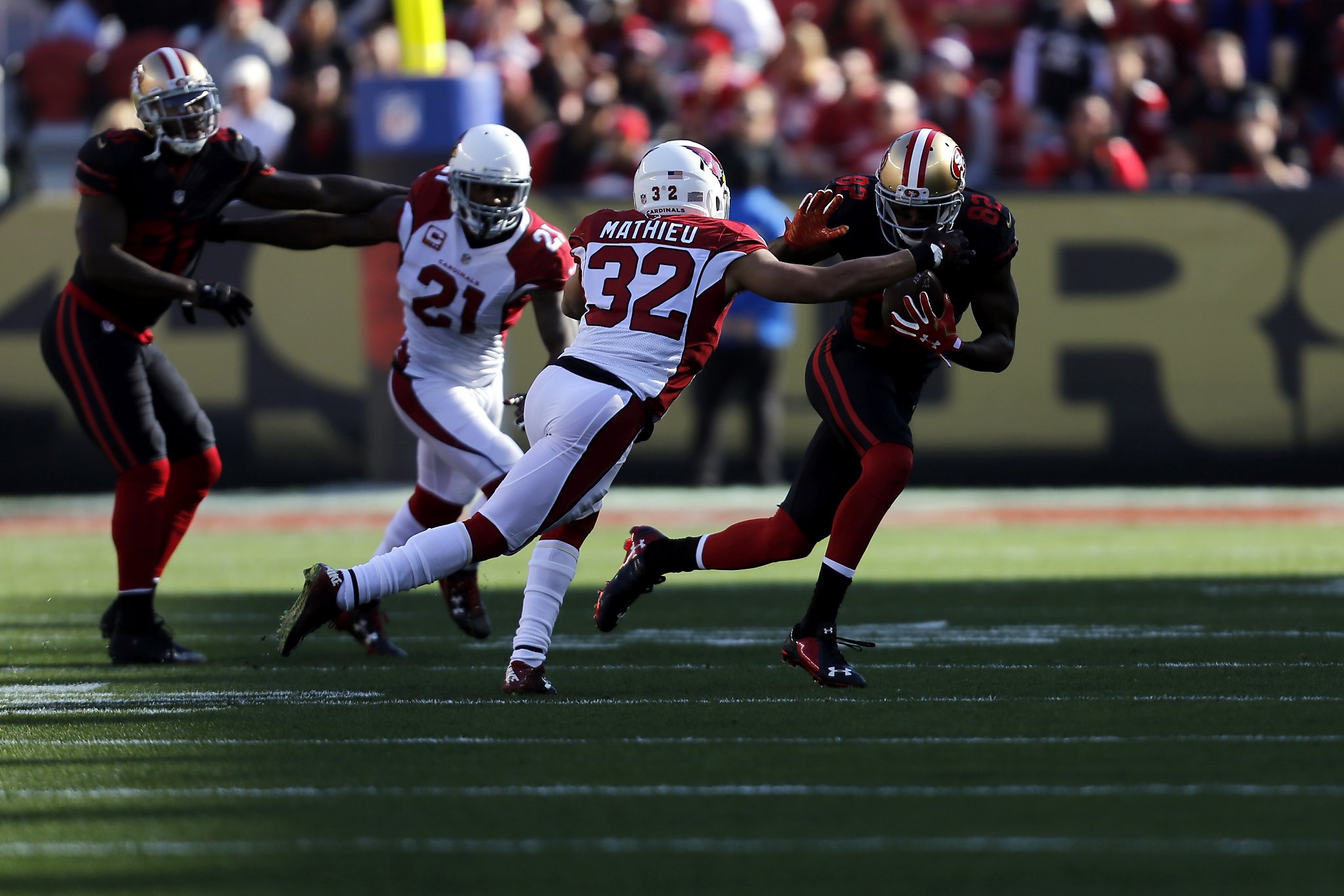 San Francisco 49ers wide receiver Quinton Patton (11) sits on the sideline  during the second half of an NFL football game against the Arizona Cardinals  in Santa Clara, Calif., Sunday, Nov. 29