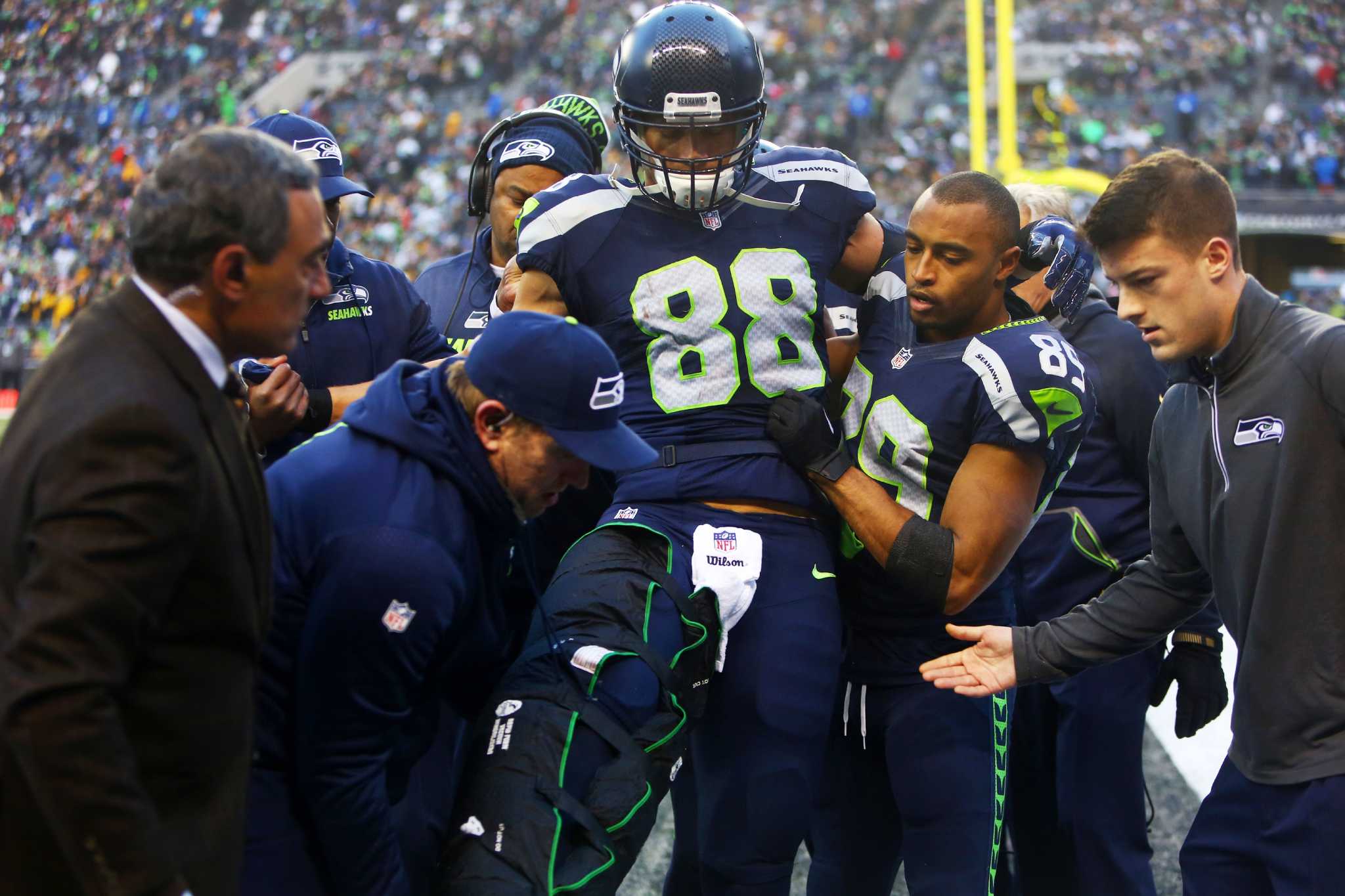 Seattle Seahawks Tight end Jimmy Graham #88 celebrates with tightened Luke  Willson after catching a 35-yard touchdown pass from Russell Wilson against  the Philadelphia in the second quarter.at CenturyLink Field in Seattle