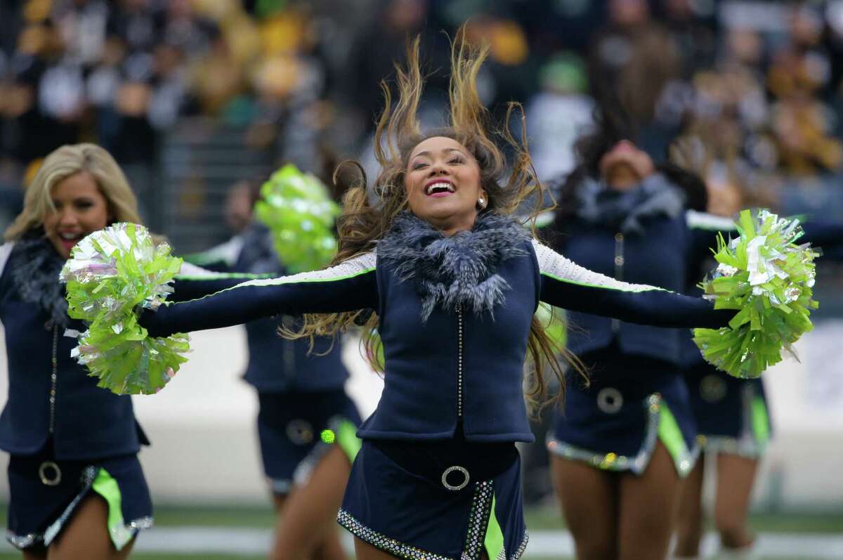 Seattle Seahawks Sea Gals cheerleaders perform during an NFL football game against the Pittsburgh Steelers, Sunday, Nov. 29, 2015, in Seattle. (AP Photo/Ted S. Warren)