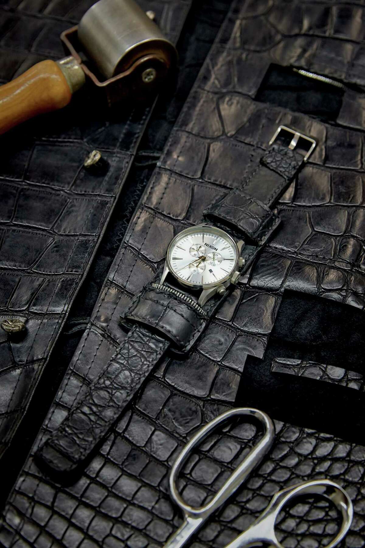 A watch strap made from a leather jacket donated by Keith Richards. The Grammy Foundation and Nixon watches have collaborated on a line of watches with straps made from leather goods (leather jackets, guitar straps and boots) donated by Keith Richards (pictured), Ozzy Osbourne, Pete Townshend, Eddie Van Halen, Steven Tyler, Tom Waits & Ringo Starr, that go on sale in mid-November with proceeds going to MusiCares MAP Fund, a charity that provides members of the music community access to addiction treatment and recovery services.