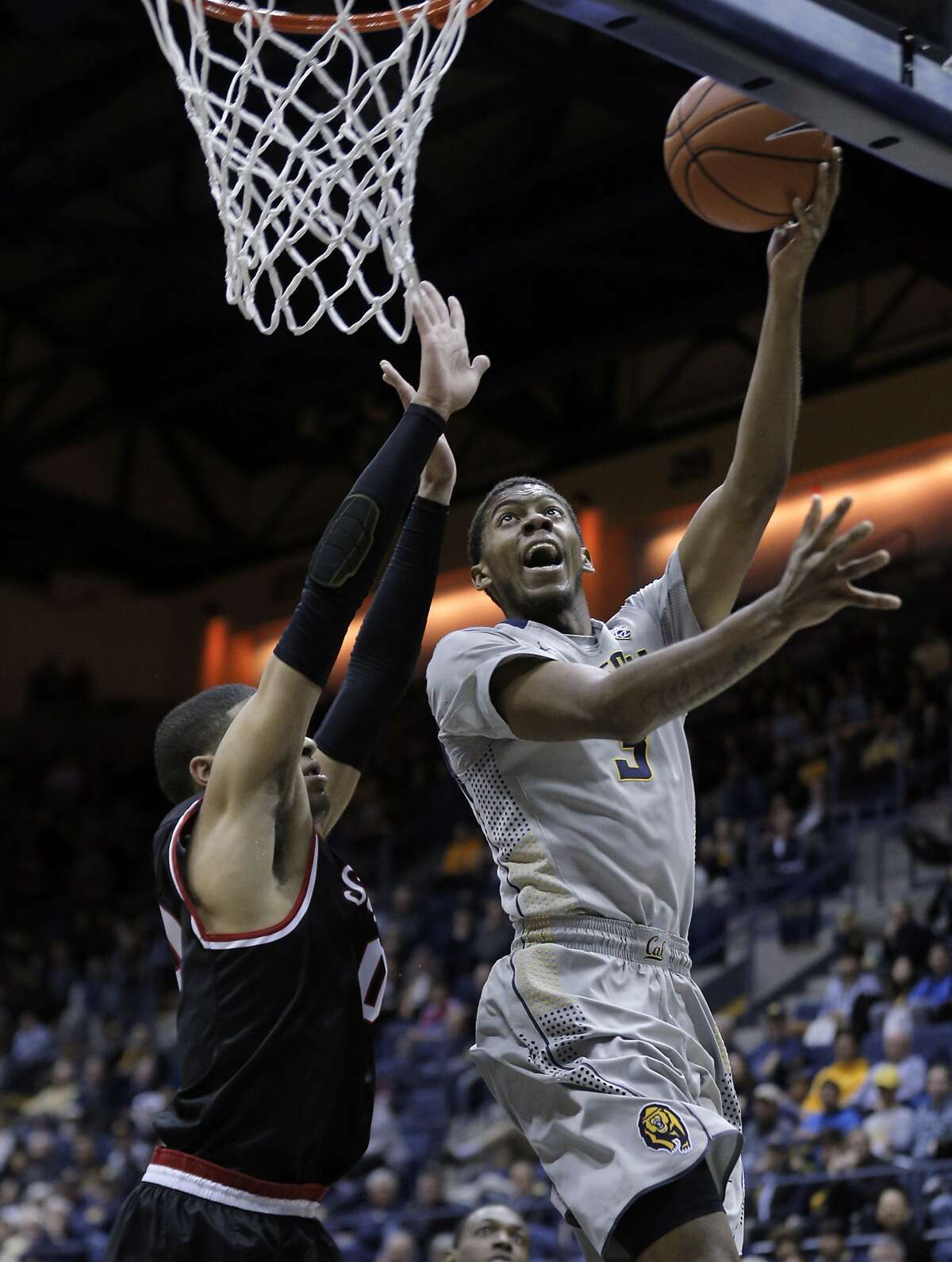Tyrone Wallace (3) puts in a shot and is fouled on the play in the second half as the Cal Bears played the Seattle University Redhawks at Haas Pavilion in Berkeley, Calif., on Tuesday, December 1, 2015. Cal won 66-52.