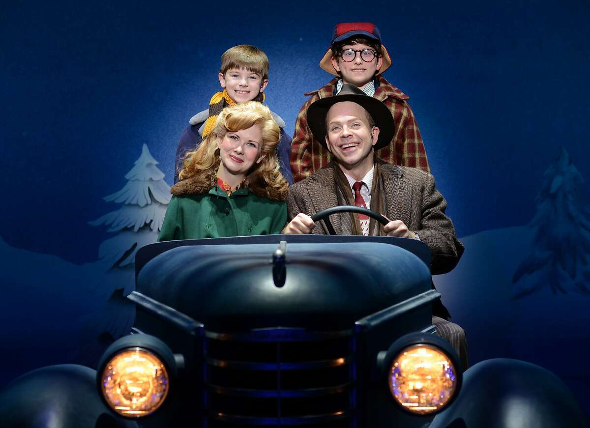 Susannah Jones as Mother and Christopher Swan as the Old Man (front seat), Cal Alexander as Randy and Colton Maurer as Ralphie in "A Christmas Story, The Musical"