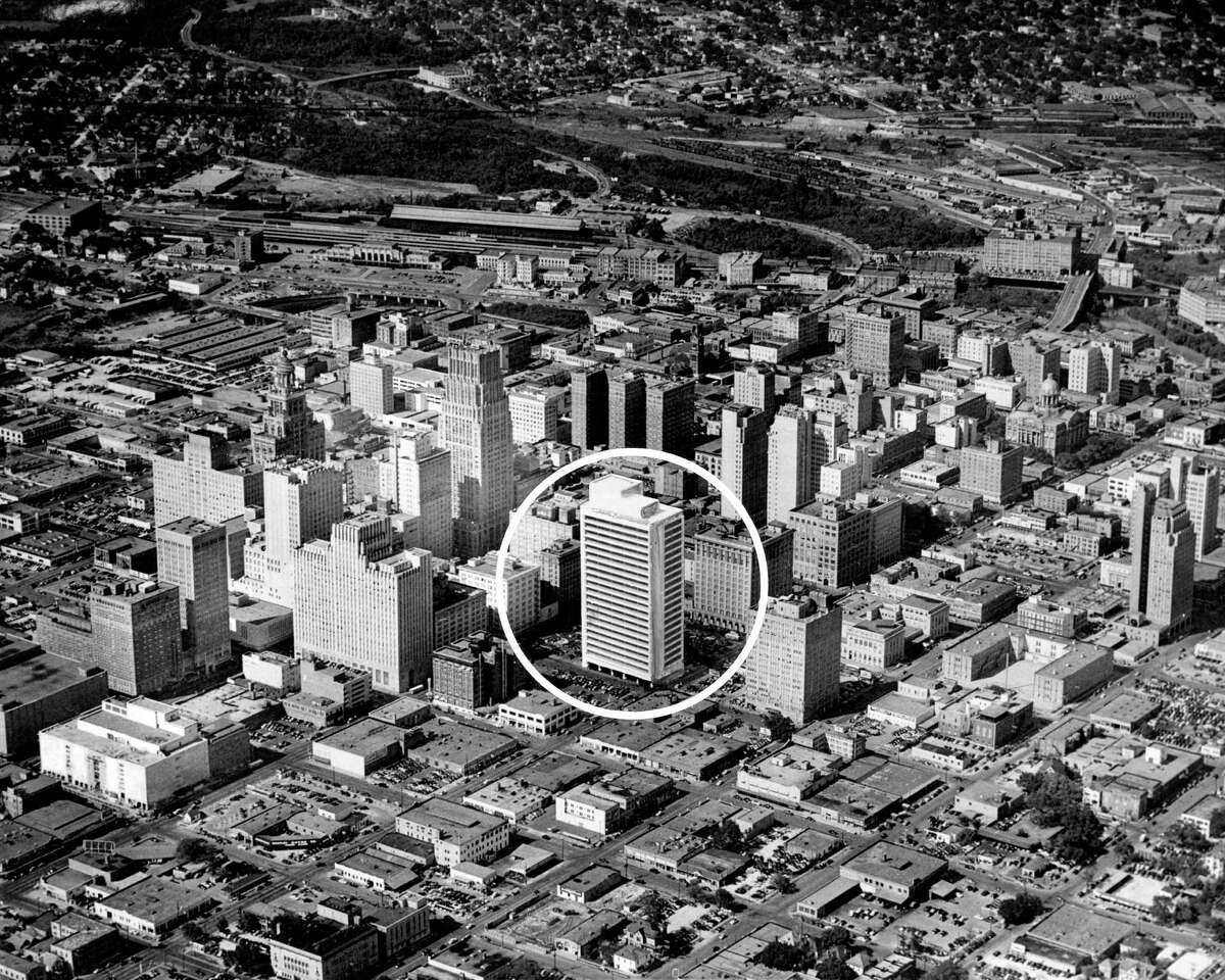 10/22/1950 - By trick photography, the 21-story Melrose Building, now under construction at Walker and San Jacinto, is shown here in relation to other downtown Houston skyscrapers. Joseph Demic, aerial photographer, first took an air shot, then photographed a model of the building at the proper angle and superimposed it on the airplane view of the skyscrapers. The structure is due to be completed by September 1, 1951 Owners are Melrose Building, Inc. owned by Melvin A. Silverman of Houston and Bennett Rose of New York. Banks Realty Associates are rental agents.