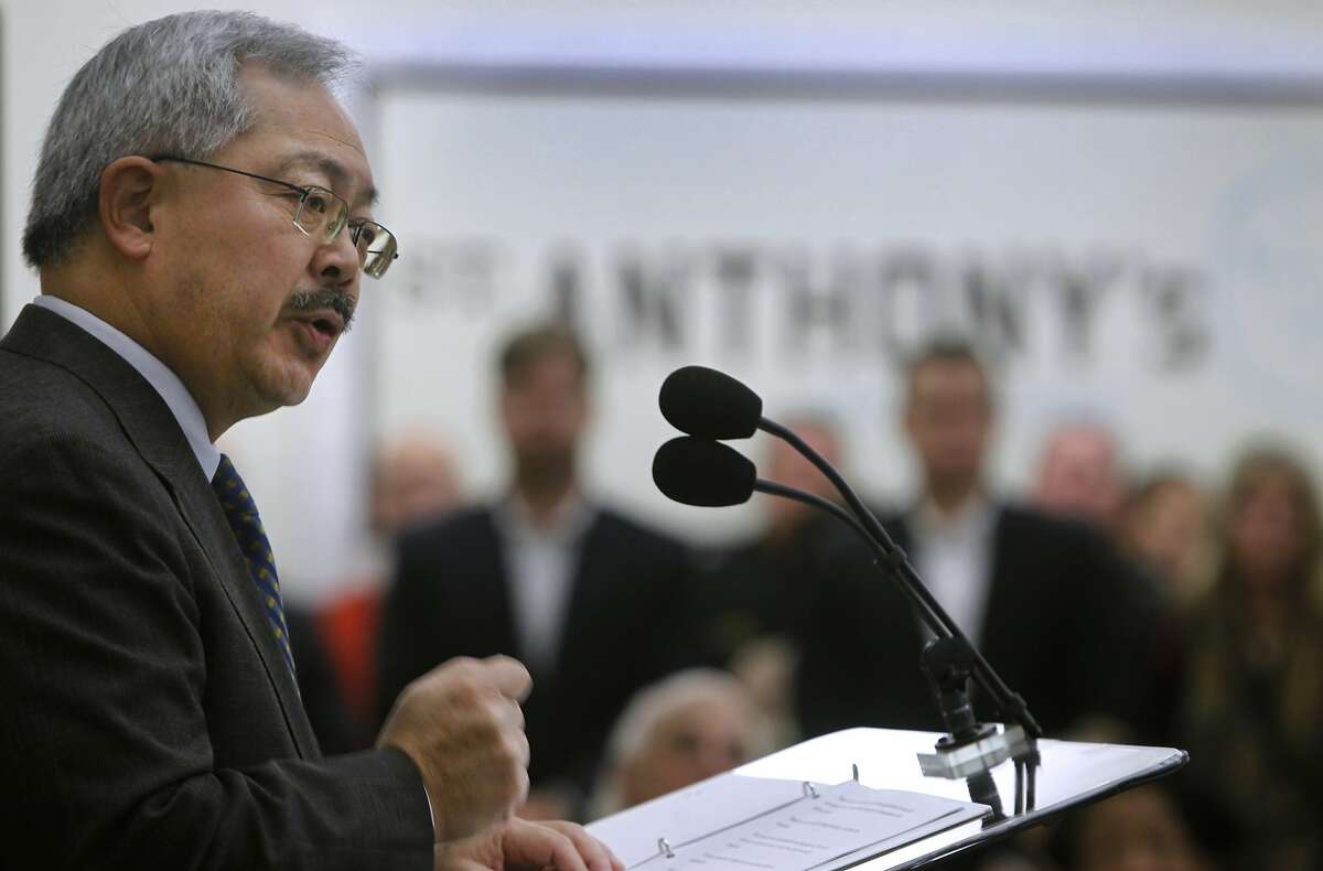 Mayor Ed Lee announces the creation of a new city department which will unify the multitude of homeless services under one umbrella, during a news conference at St. Anthony's in San Francisco, Calif. on Thursday, Dec. 3, 2015. The mayor hopes to bring 8,000 out of homelessness by the end of his mayoral term.