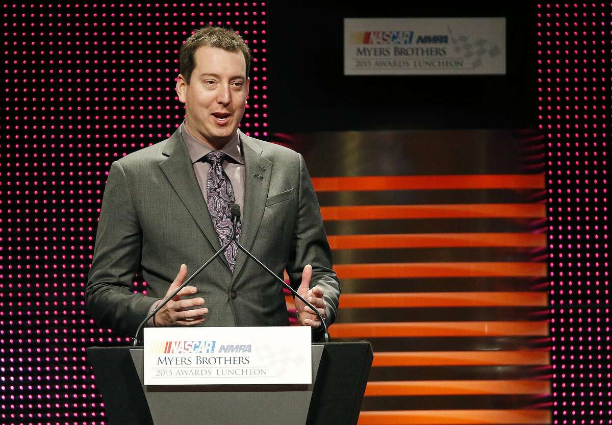 Kyle Busch speaks after winning the Goodyear NASCAR Series Champion Award during the NASCAR NMPA Myers Brothers Awards Luncheon Thursday, Dec. 3, 2015, in Las Vegas. (AP Photo/John Locher)
