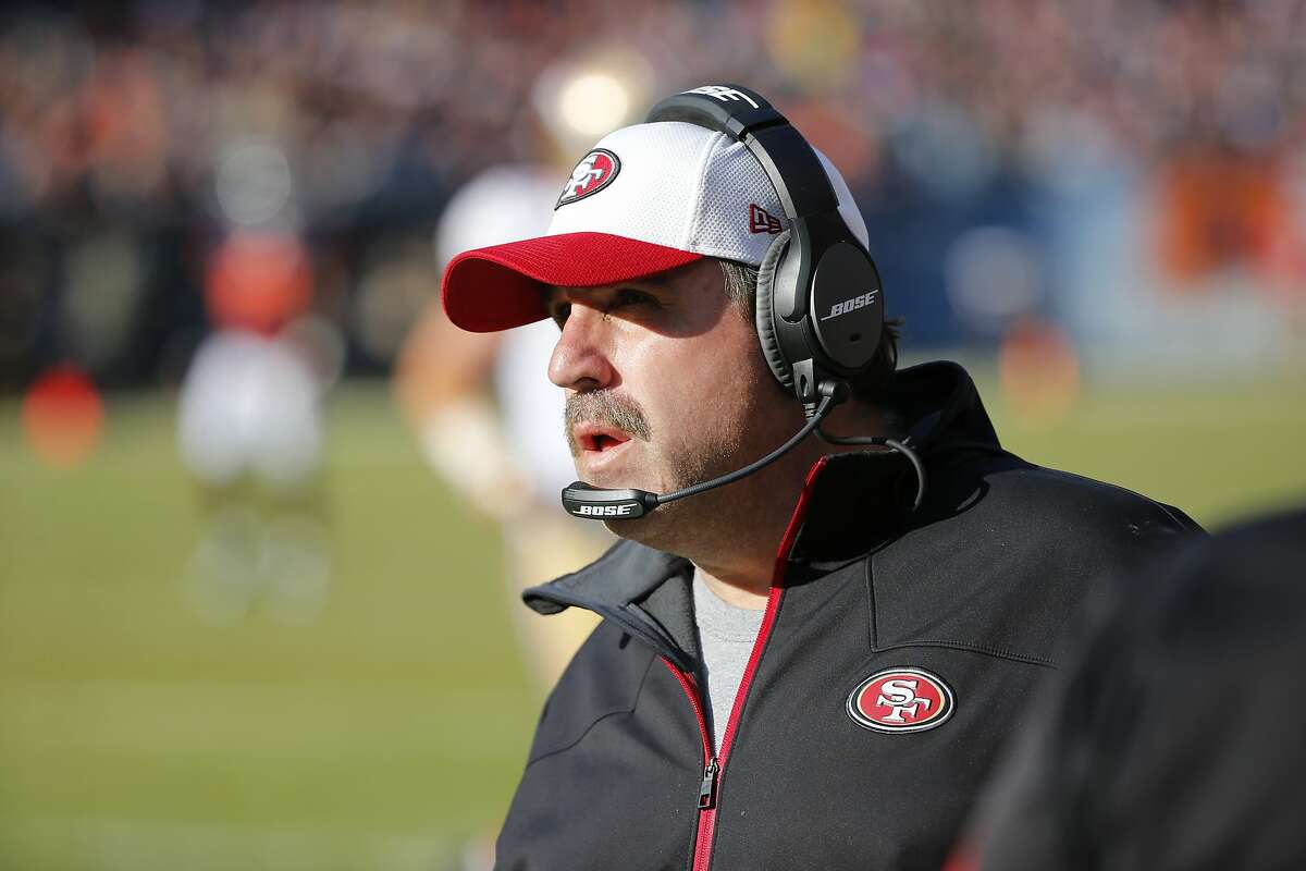San Francisco 49ers head coach Jim Tomsula watches from the sideline during the first half of an NFL football game against the Chicago Bears, Sunday, Dec. 6, 2015, in Chicago. (AP Photo/Charles Rex Arbogast)