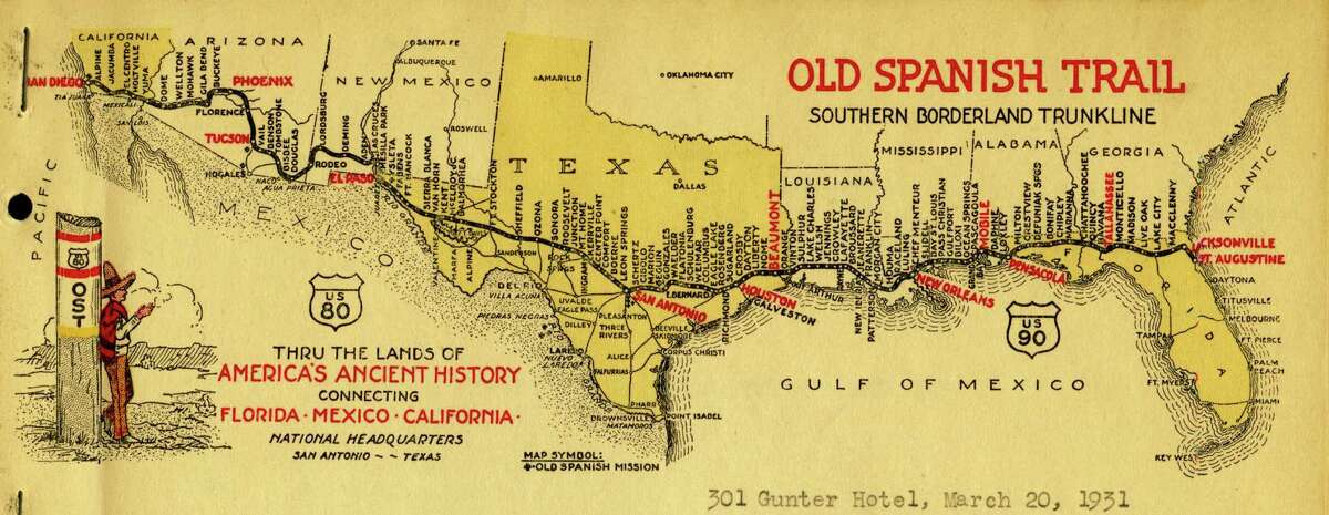 A stylized 1931 map of Old Spanish Trail, the "Southern Borderland Trunkline" that stretched along the souther United States from San Diego to St. Augustine, Fla. The Old Spanish Trail was one of the south's first paved intercity highways for automobiles and it passed though the center of most of the cities and towns along the way.