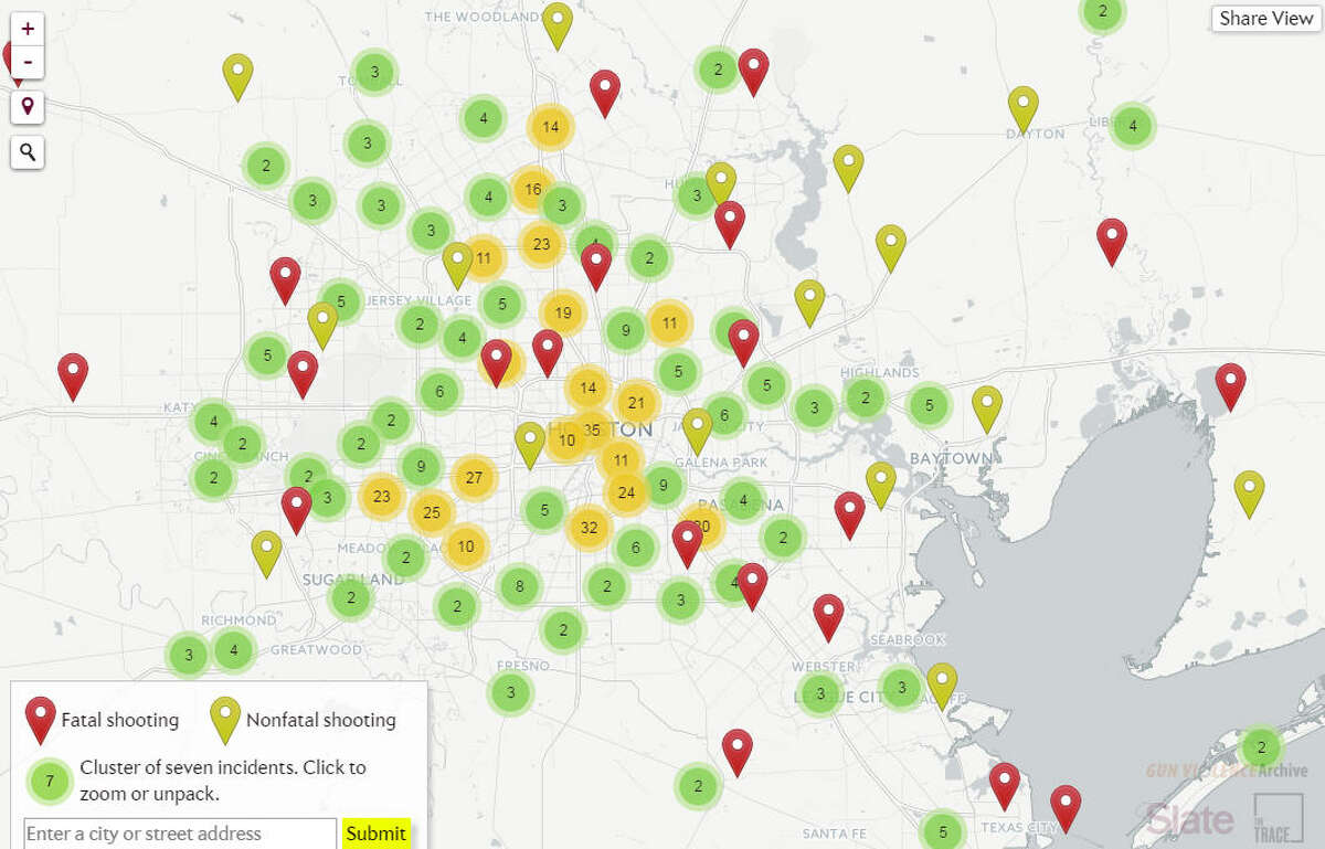A new map, released by Slate and the Gun Violence Archive, shows tens of thousands of documented shootings in the United States between December 2014 and 2015. Click through our slideshow to see the breakdown by Houston neighborhood.