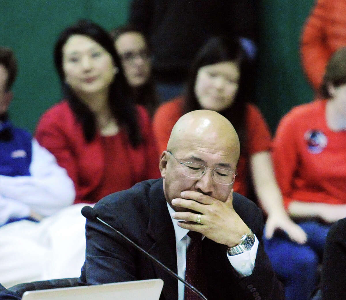 The Greenwich Board of Education appeal hearing of Greenwich High School band director John Yoon, pictured here, who faces dismissal for allegedly bullying two students, at Julian Curtiss School in Greenwich, Conn., Wednesday night, Dec. 9, 2015.
