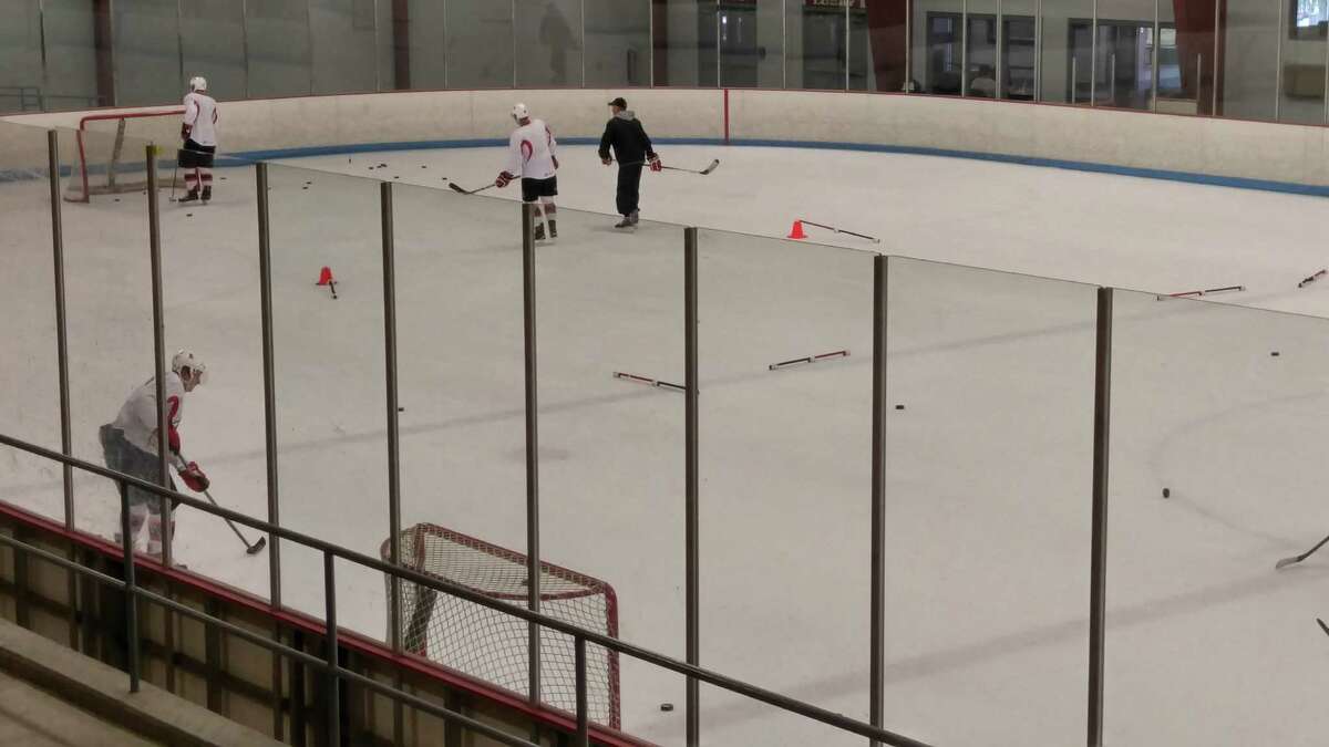 Albany Devils players work on drills during one of their weekly skills-development sessions.