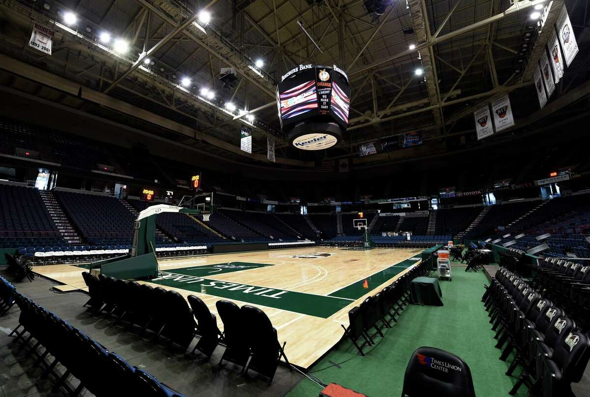 The main basketball court at the Times Union Center is readied for the Albany Cup game between SUNY Albany and Siena Friday afternoon Dec. 12, 2014 in Albany, N.Y. (Skip Dickstein/Times Union)