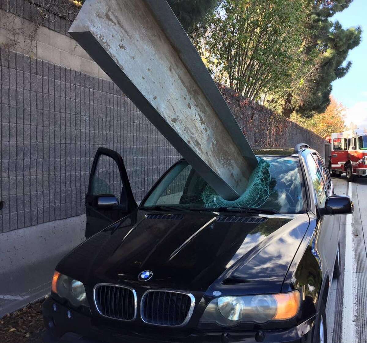 A San Jose driver narrowly escaped a potentially fatal injury on Interstate 280 Friday afternoon, impressing even San Jose firefighters, who tweeted out a photo of a long metal tray sticking out from the front of the man’s car.