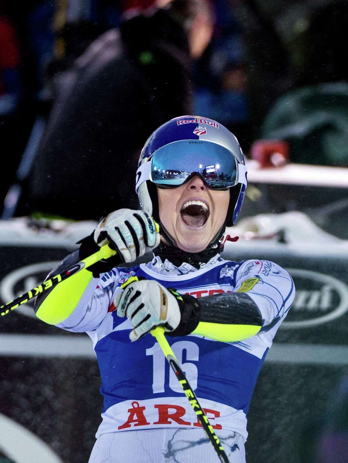 Lindsey Vonn whoops it up after winning a World Cup giant slalom at Are, Sweden. It was her fourth consecutive victory in the last two weeks.