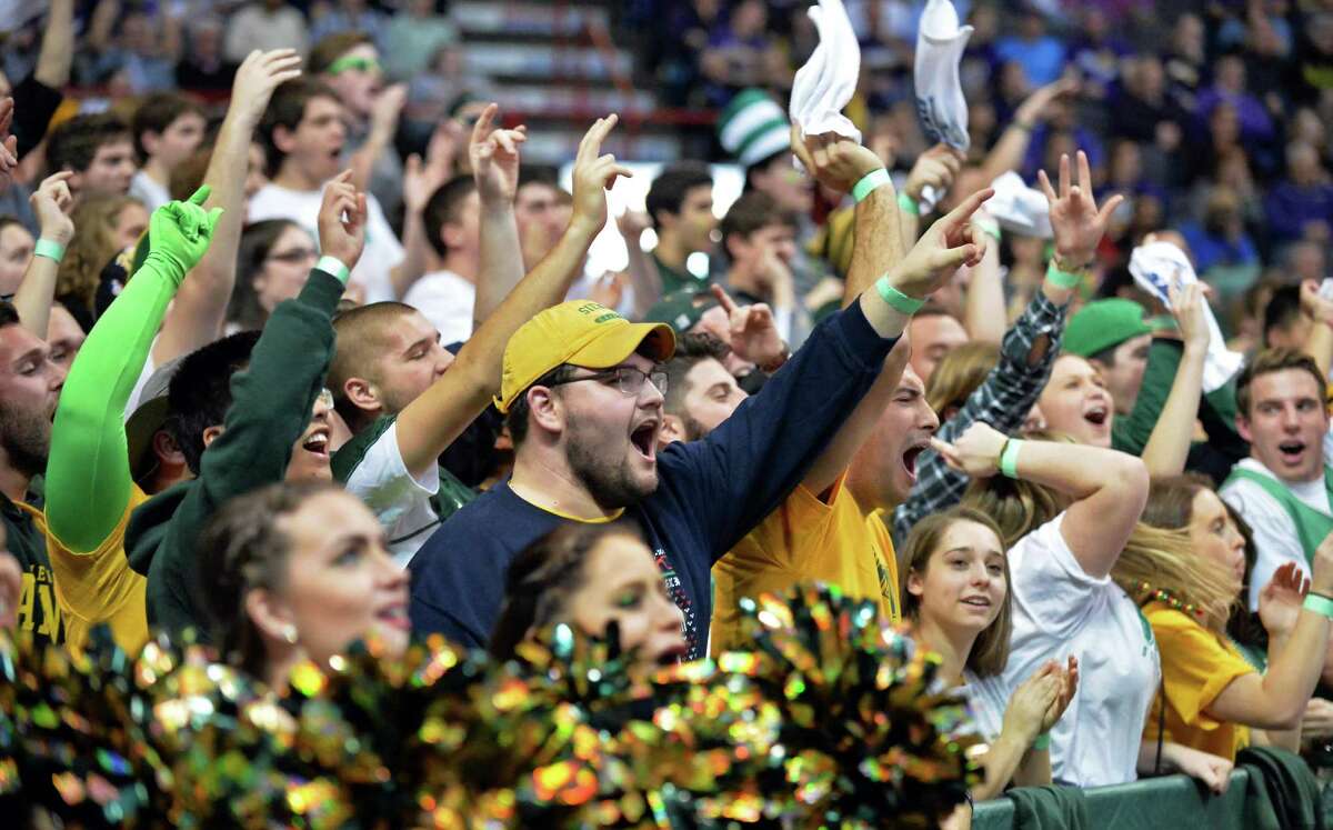 Siena fans celebrate their win over UAlbany Saturday for the Albany Cup at the Times Union Center Dec. 12, 2015 in Albany, NY. (John Carl D'Annibale / Times Union)