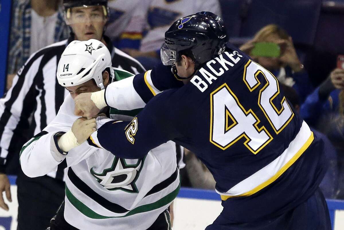 St. Louis Blues' David Backes, right, fights with Dallas Stars' Jamie Benn during the first period of an NHL hockey game Saturday, Dec. 12, 2015, in St. Louis. (AP Photo/Jeff Roberson)