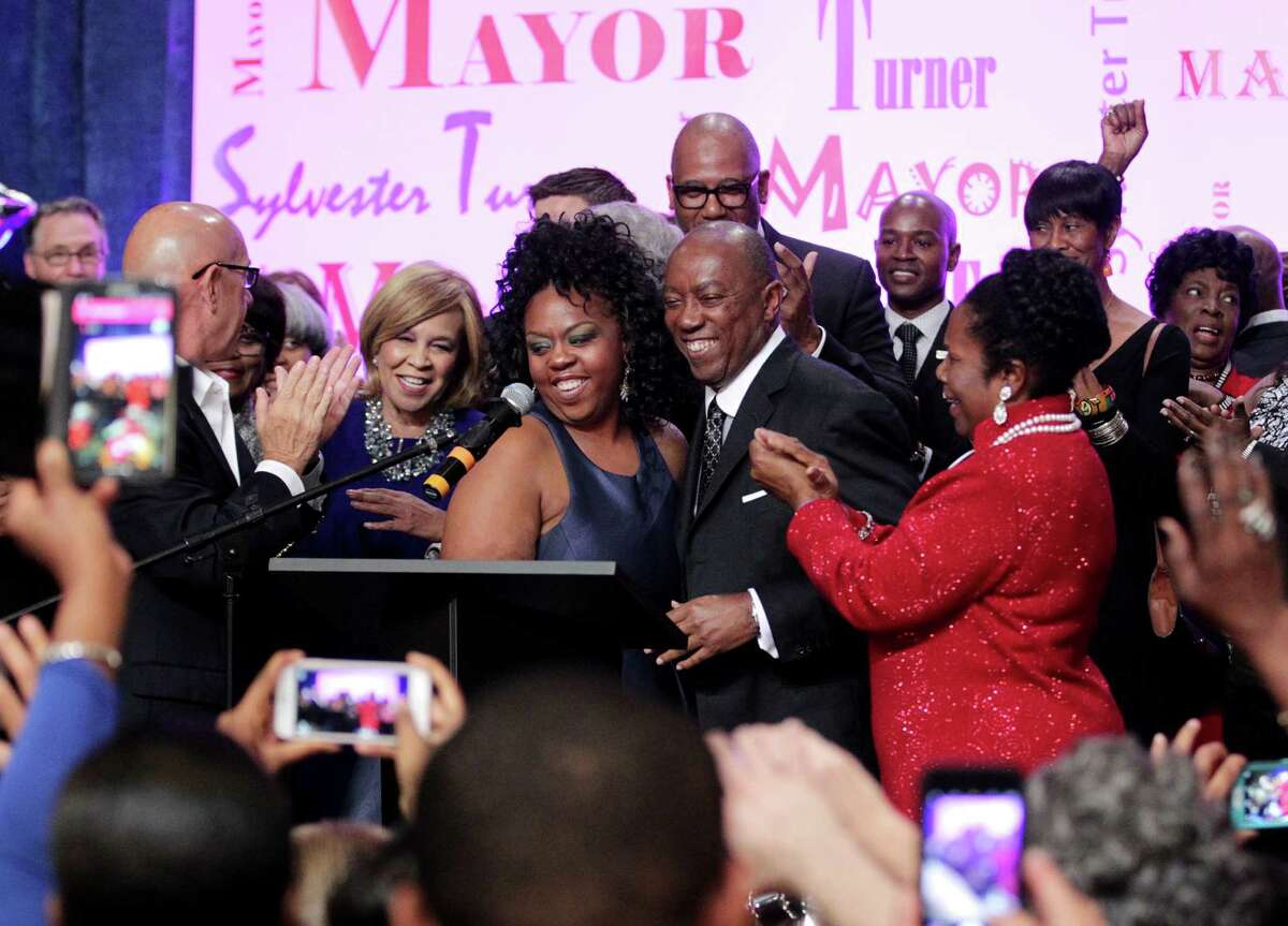Mayor-elect Sylvester Turner celebrates his victory at his Election Night party at the George R. Brown Convention Center on Dec. 12.