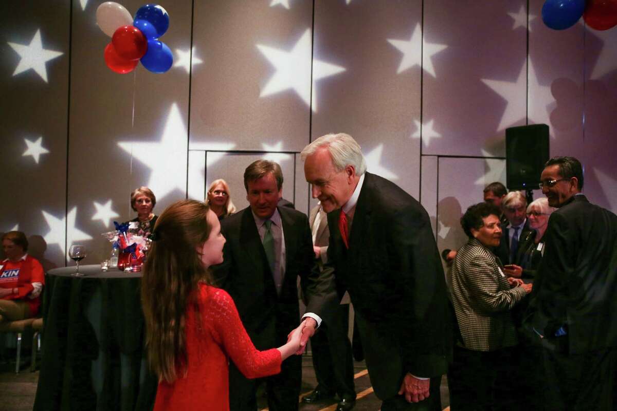 Mayoral candidate Bill King shakes the hand of a young supporter at his election party at the Royal Sonesta Hotel Saturday, Dec. 12, 2015, in Houston. ( Michael Ciaglo / Houston Chronicle )